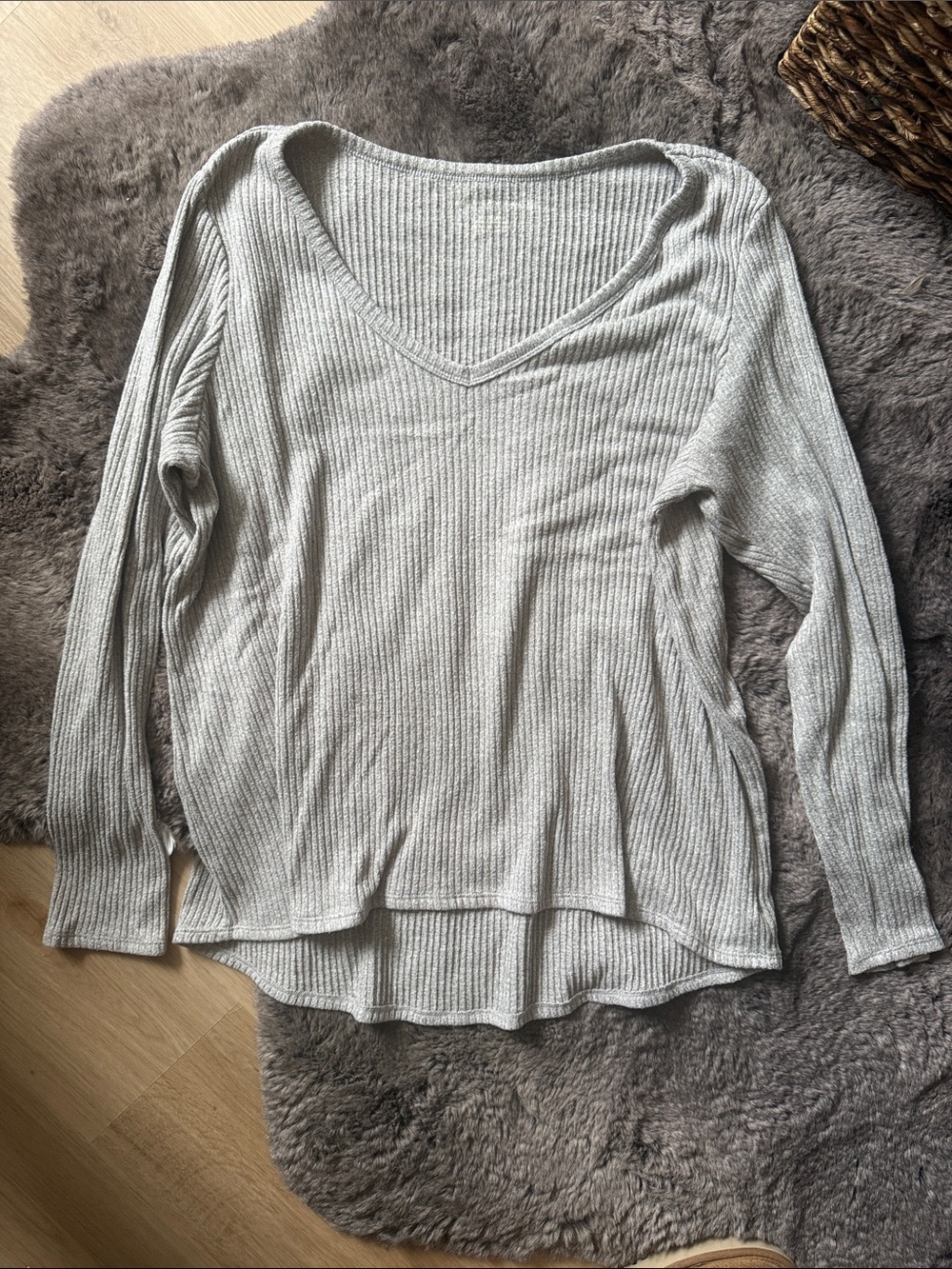 American Eagle Outfitters Light Gray Ribbed V-Neck Long Sleeve Top